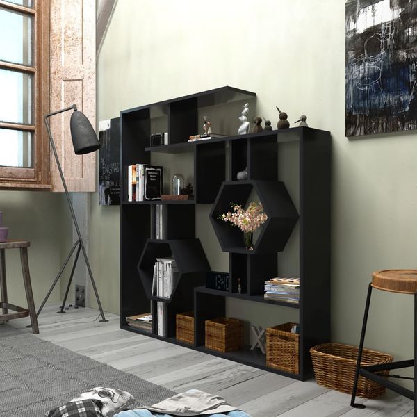 Modern Black Bookshelf, 134 x 134 x 22 cm | 100% Melamine Coated Particle Board, 18 mm Thick | Wall-Mountable, Stylish Storage Solution for Home & Office