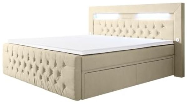 Boxspringbett Sunshine mit indirekter Beleuchtung, USB und Stauraum 140x200 Beige H4