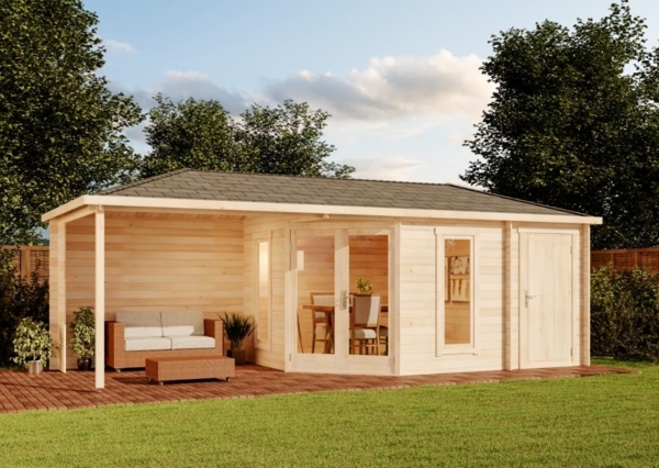 Alpholz 5-Eck Gartenhaus Liwa mit Anbau Gartenhaus aus Holz Holzhaus mit 28 mm Wandstärke inklusive Terrasse Blockbohlenhaus mit Montagematerial