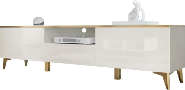 TV-Lowboard Aurora 2D1S mit 2 Klappen und Schublede (Farbe: Beige / Beige Hochglanz + Gold)