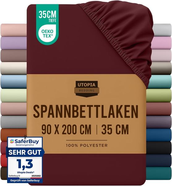 Utopia Bedding - Spannbettlaken 90x200 cm - Burgunderrot - Oeko-Tex Zertifiziertes Gebürstete Polyester-Mikrofaser Spannbetttuch - 35 cm Tiefe Tasche