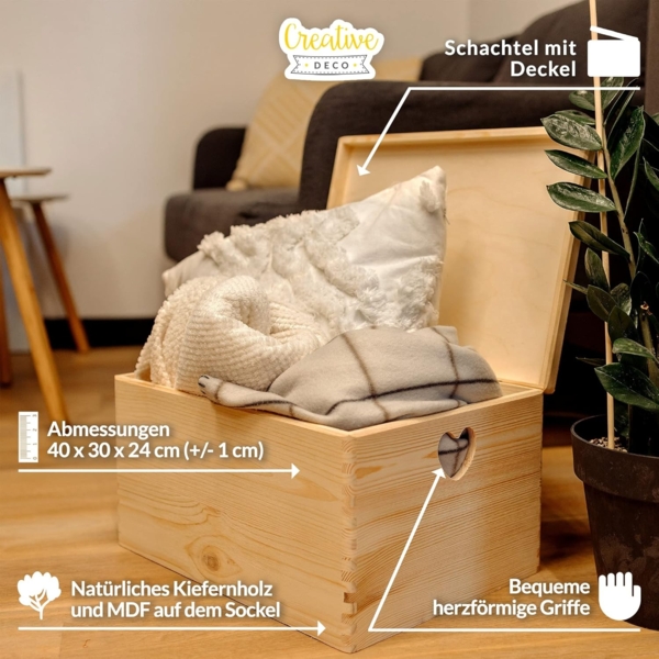 Creative Deco Aufbewahrungsbox Holzkiste mit Deckel Erinnerungsbox Holzbox, herzförmige Griffe Bild 4