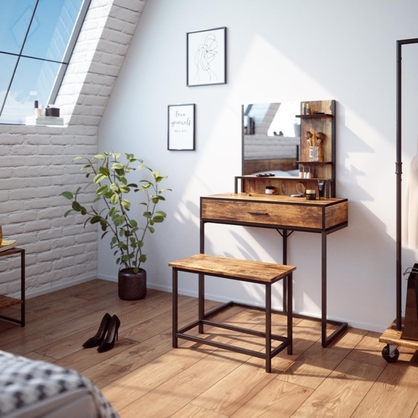 Vicco 'Fyrk' Schminktisch mit Sitzbank, Holzspanplatte / Metall braun / schwarz, 80 x 40 x 135,5 cm