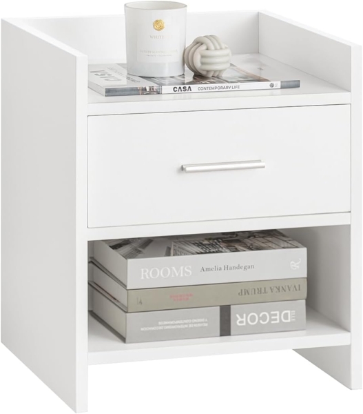 SoBuy Nachttisch Nachtschrank Beistelltisch mit 1 Schublade und 2 Ablagen, weiß, BHT ca. : 38 x 45 x 35 cm