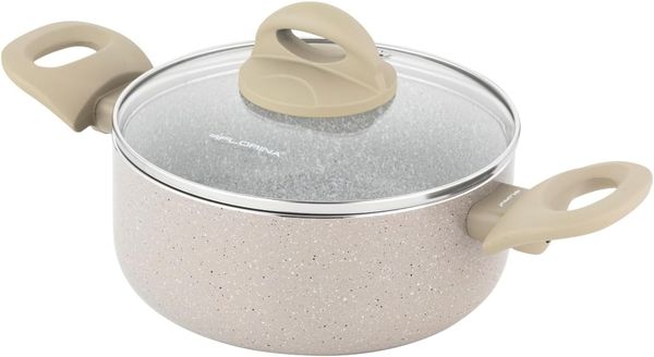 FLORINA Aluminiumtopf ISLA 1,6L I 18 cm I Aluminium Kochtopf mit Antihaftbeschichtung I Schnelles und gleichmäßiges Erhitzen I Soft-Touch-Griffe I Ästhetisches Design, Grau