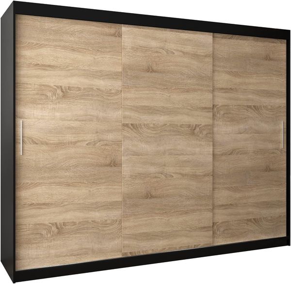 Kryspol Schwebetürenschrank Tokyo 250 cm Kleiderschrank mit Kleiderstange und Einlegeboden Schlafzimmer- Wohnzimmerschrank Schiebetüren Modern Design (Schwarz + Sonoma)
