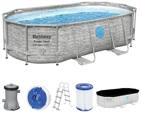 Bestway Power Steel Swim Vista Series Frame Pool Komplett-Set mit Filterpumpe 427 x 250 x 100 cm, Steinwand-Optik (Cremegrau), oval