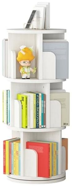 GarveeLife Drehbares Bücherregal aus Massivholz, 360-Grad-Anzeige, Aufbewahrungsregal für Kinder und Erwachsene, multifunktionaler Bücherregal-Organizer (3 Etagen, weiß, 40 x 40 x 98 cm)