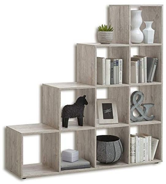 FMD furniture Treppenregal Raumteiler Bücherregal Raumtrenner 10 Fächer, in Sandeiche 138,5 x 141,5 x 32,6 cm (BxHxT)