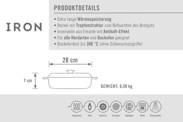WOLL Iron Gusseisentopf rund Ø 28 cm 3,7 L raue Emaillierung Selbstberieselungsdeckel Induktion & Ofen bis 300 °C Spülmaschinenfest Bild 9