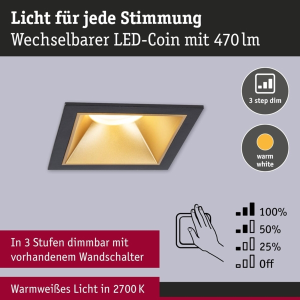 Paulmann 93129 LED Cole Coin Basisset eckig 3er-Set 2700K Schwarz Gold 3-Step-Dim IP44 Bild 3