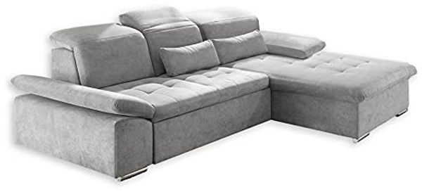 Stella Trading WAYNE Ecksofa mit Schlaffunktion, Stoffbezug Silber - Ausziehbare Eckcouch mit verstellbaren Armlehnen und Kopfteilen - 276x81(104) x 188 cm (B/H/T)