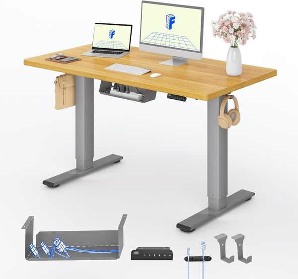 FLEXISPOT Höhenverstellbarer Schreibtisch mit 2 Motoren & 25MM einteiliger Tischplatte,ergonomischer Bürotisch - 120x60 cm Ahorn, graues Gestell