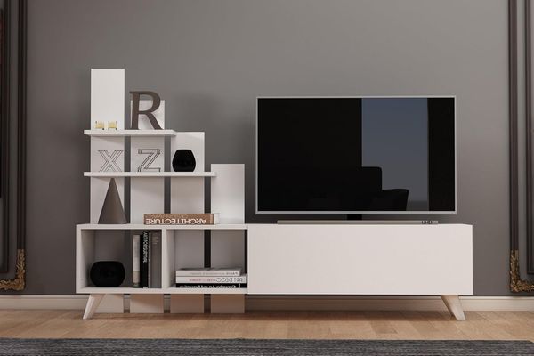 Hanah Home Modern White TV Stand, 160 x 115 x 33 cm | 100% Melamine Coated Particle Board, 18 mm Thick | Stylish & Functional for Living Room & Entertainment Spaces