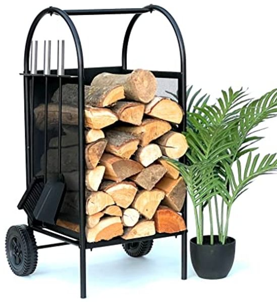 DanDiBo Kaminholzregal Innen Metall Schwarz Kaminholzständer 80 cm mit Kaminbesteck und Rädern 96358 Kaminholzwagen