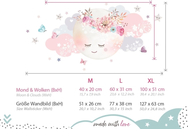 Little Deco Wandsticker Mond & Wolken XL - 100x51 cm weiß/rosa Bild 3