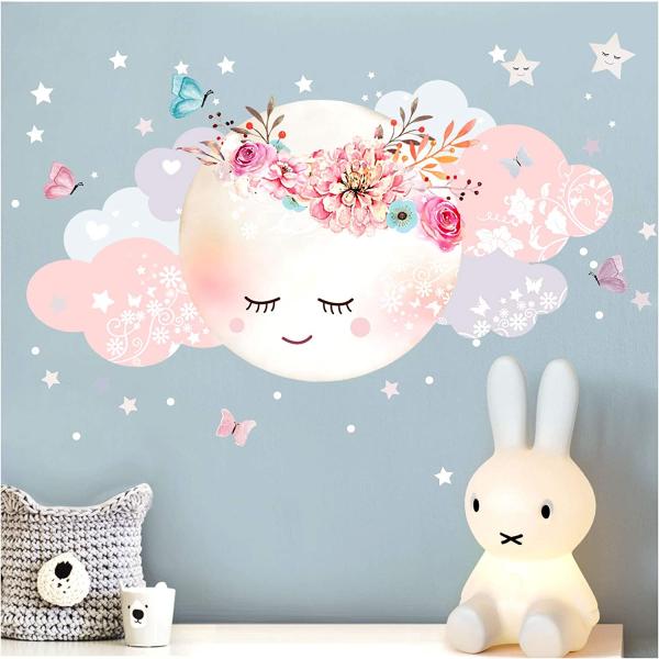 Little Deco Wandsticker Mond & Wolken XL - 100x51 cm weiß/rosa Bild 1