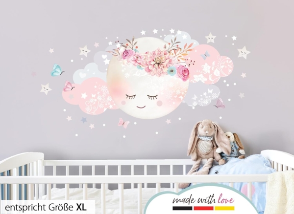 Little Deco Wandsticker Mond & Wolken XL - 100x51 cm weiß/rosa Bild 2
