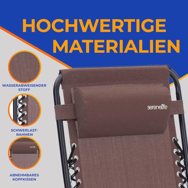 SereneLife Sonnenliege Klappbar, Gartenliege Wetterfest zum Liegen, Sonnenstuhl als Gartenbett, Gartenmöbel zum Relaxen 2 Stück Braun mit Atmungsaktivem Textilen, Sonnenstuhl Verstellbar 2er Set Bild 7