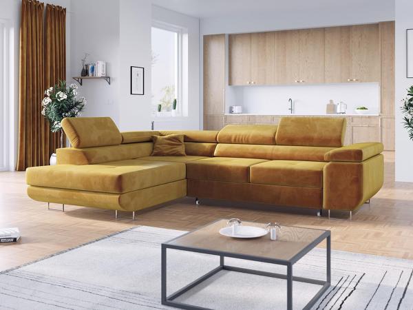 Ecksofa L-Form Couch mit Schlaffunktion und Verstellbare Kopfstützen - GUSTAW - Gelb Velours - Links