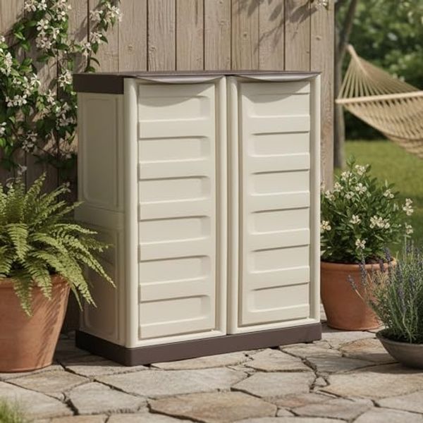 Dmora - Courtrai Outdoor-Garderobe, Mehrzweck-Balkongarderobe, Outdoor-Möbel mit 2 Türen, 100% Made in Italy, Beige und Braun, 70 x 39 x 86 cm, gestreifte Oberfläche