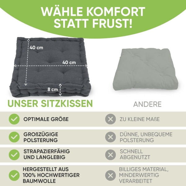 Gräfenstayn Sitzkissen 4er Set 40x40 cm mit 8 cm Polsterung aus 100 % Baumwolle -, robustes Sitzkissen für Indoor & Outdoor, bequemes Bodenkissen Bild 7