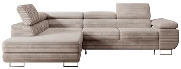 Selsey STEVIL - Ecksofa L-Sofa mit Schlaffunktion, Bettkasten, Ottomane links, Cordbezug Dunkelbeige