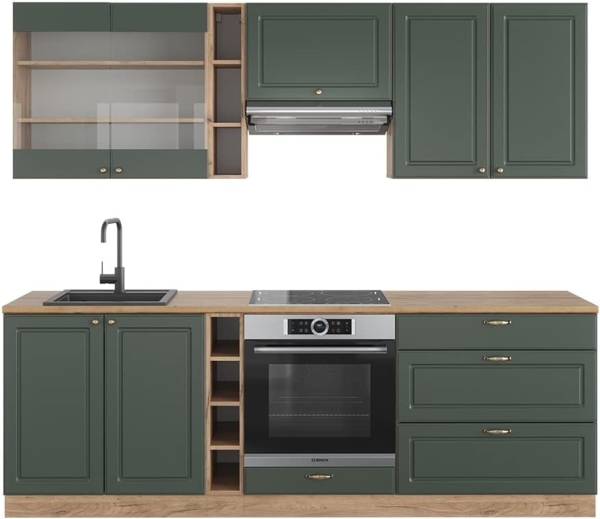 Vicco Küchenzeile Grün-Gold Landhaus/Goldkraft Eiche 235 cm ohne Arbeitsplatte, Fame-Line