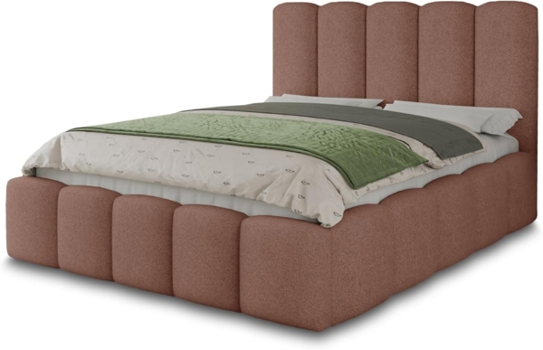 Polsterbett Aura - Bettkasten mit Gasdruckfedern - Doppelbett mit Lattenrost, Bett mit Polsterkopfteil, Bettgestell, Schlafzimmer, Bouclé-Stoff (160 x 200 cm, Rosa (Coral 45))