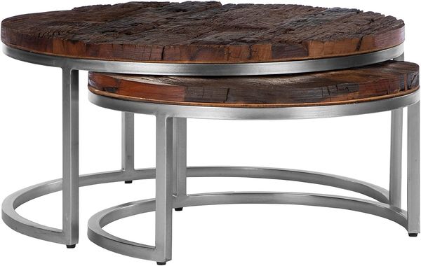 WOMO-DESIGN Couchtisch Surabaya Beistelltisch Wohnzimmertisch Kaffeetische Sofatisch, Natur/Nickel-Finish Ø70x35cm Rund Akazienholz stabil robust modern