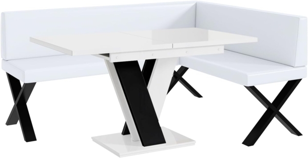 MEBLINI Eckbank für Esszimmer mit ausziehbarem Tisch - Küchenbank - Essecke - Sitzecke Küche - TONI - X-Beine 128x168x87cm Rechts - Weiß Kunstleder/M Weiß-Schwarz Hochgl.
