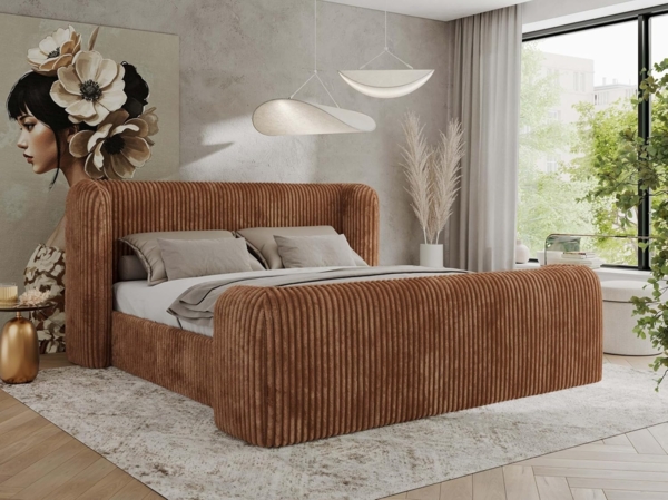 Polsterbett mit Lattenrost, Doppelbett für Schlafzimmer, Gepolstertes Kopfteil - EMORA CLASSIC DUO - 180 x 200 cm - Orange Cord