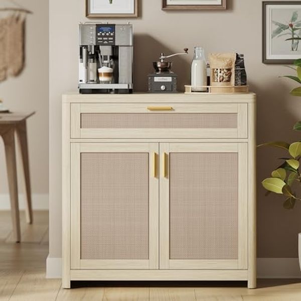 VASAGLE ELLAN Kollektion - Küchenschrank, Sideboard Boho-Stil, Türen in Rattan-Optik, Aufbewahrungsschrank, abgerundete Ecken, verstellbare Ablage, Schublade, Küche, naturbeige BBK601LC01