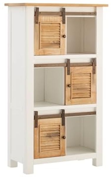 Highboard Capera 85x150x42cm Pinienholz Weiß Braun Schiebetüren Rustikal Viel Stauraum für Wohnzimmer Esszimmer | massivum