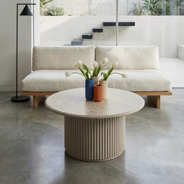 Easy Couchtisch Rund ø80 cm - Marmoroptik & Lamellenoptik Grau