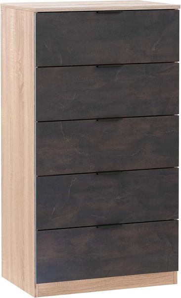 Habitdesign, Kommode mit 5 Schubladen – moderner Sinfonier in Eiche & Rostoptik, platzsparender Schubladenschrank für Schlafzimmer oder Büro, Maße: 60 x 110 x 40 cm (B x H x T), Modell Alaya
