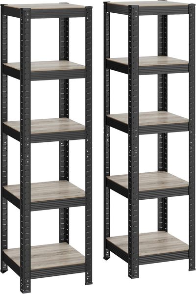 SONGMICS Standregal, 2er Set, Bücherregal, Lagerregal, 5 Ablagen, verstellbar, 37 x 37 x 150 cm, jeweils bis 400 kg belastbar, für Küche, Wohnzimmer, Greige-schwarz GLR037B12