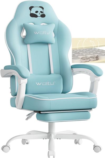 WOLTU Gaming Stuhl mit Taschenfederkissen, Gaming Sessel 150 kg Belastbarkeit, ergonomischer Drehstuhl, Gamer Stuhl mit Kopfkissen, Lendenkissen, Fußstütze, Netzstoff, Hellblau, GS16hbl
