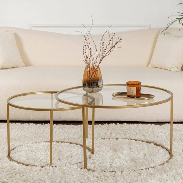 Dmora Couchtisch Ragalna 80 x 80 x 43h cm Gold, 2er-Set Tische