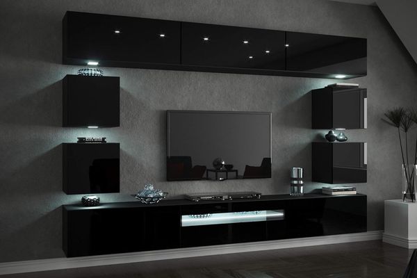 FURNITECH Future C81 Wohnzimmer Wandschrank Mediawand mit Led Beleuchtung Schrankwand Wohnwand Möbel (C81-HG-B1 1B (273 cm), LED blau)