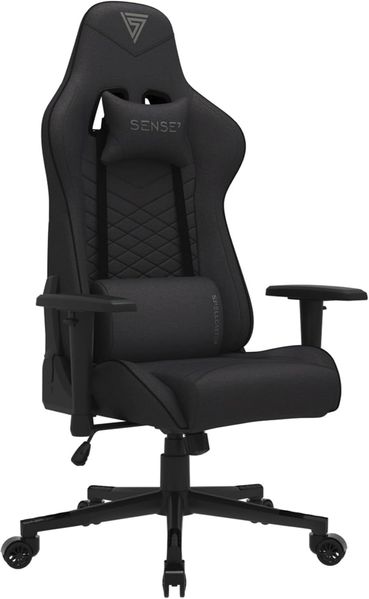 SENSE7 Gaming Stoff Spellcaster Bürostuhl Zocker Gamer Ergonomischer Stuhl Armlehne Einteiliger Stahlrahmen Einstellbarer Neigungswinkel Schwarz, 43-52 x 69,5 x 57