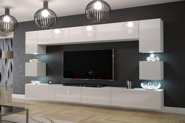 Furnitech Modernes TV Möbel mit LED Beleuchtung Schrank Wohnschrank Wohnzimmer Schrankwand Wohnwand Mediawand Nowara 1C (AN1-17W-HG21 1C, LED blau)