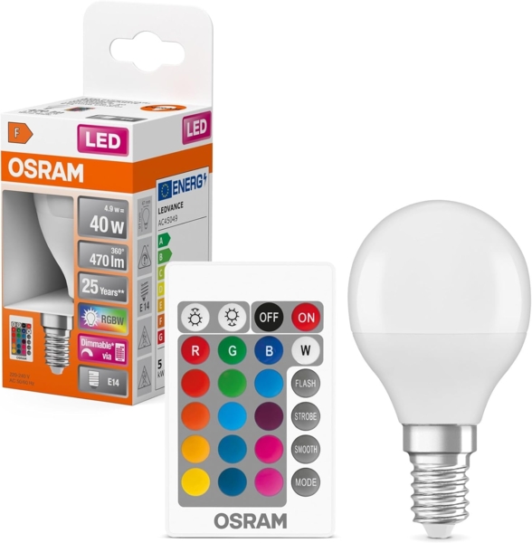 Osram STAR+ RGBW LED Lampe mit E14 Sockel, RGB-Farben per Fernbedienung änderbar, 5.5W, Tropfenform, Ersatz für 40W-Glühbirne, matt, LED Retrofit RGBW lamps with remote control, Einzelpack