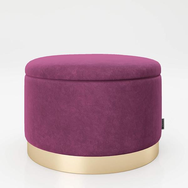 PLAYBOY - runder Pouf "SUE" gepolsterter Sitzhocker mit Stauraum, Samtstoff in Lila, goldener Metallfuss, Retro-Design