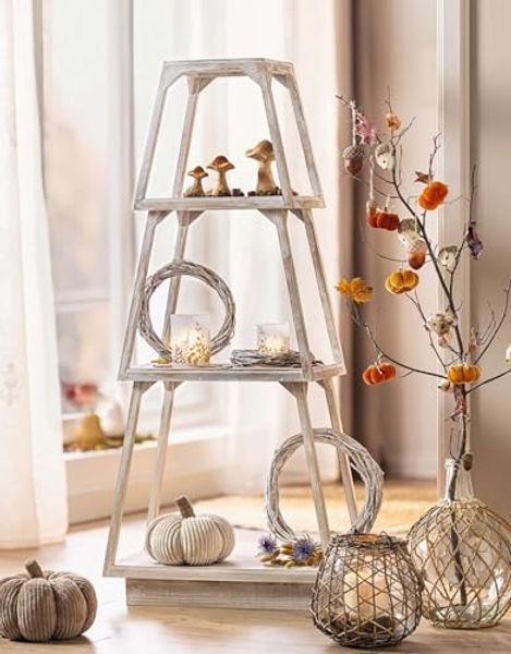 Dekoleidenschaft Steckregal aus Holz, Shabby Chic, Pyramide mit 3 Ebenen, Standregal weiß, Regal, Stufenregal stehend für Wohnzimmer
