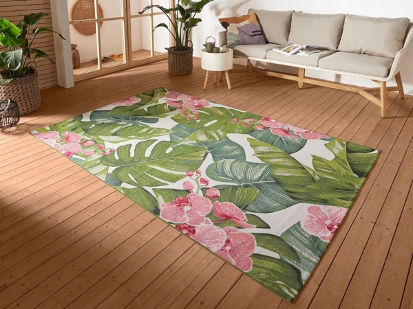 Hanse Home Tropical In- & Outdoor Teppich – Flachgewebe Aussenteppich, Jungel Florales Palmen Design, ÖKO-TEX Wetterfest & UV-beständig für Balkon, Terrasse, Garten, Wohnzimmer - Bunt, 80x165 cm