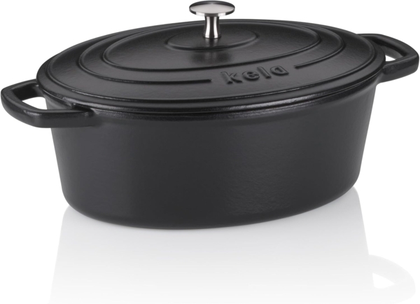 kela Bräter Gusseisen oval 4 Liter, Dutch Oven CALIDO, Induktion Gussbräter mit Deckel, Gusseisen Topf Brot backen, emailliert, schwarz