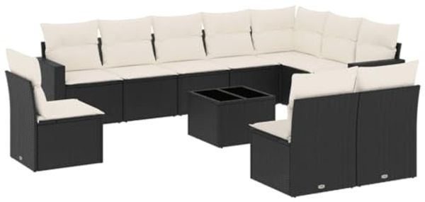 vidaXL 11-tlg. Garten-Sofagarnitur mit Kissen Schwarz Poly Rattan 3251453