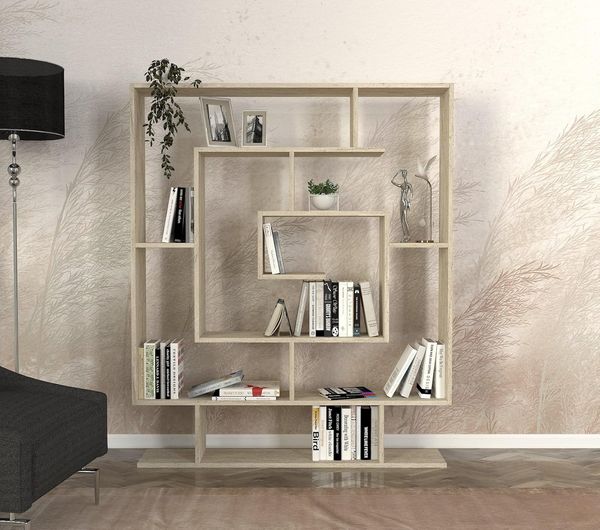 Hanah Home Elegant Marble-Style Bookshelf, Travertine Color, 124.8 x 149.4 x 22 cm | 100% Melamine Coated Particle Board, 18 mm Thick | Wall-Mountable, Ample Storage
