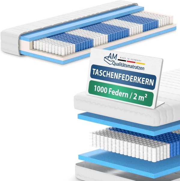 AM Qualitätsmatratzen 1000 Federn 7-Zonen Taschenfederkernmatratze 80x190 cm - 24 cm Premiumhöhe - 1.000 Federn Matratze 80x190 cm - H2